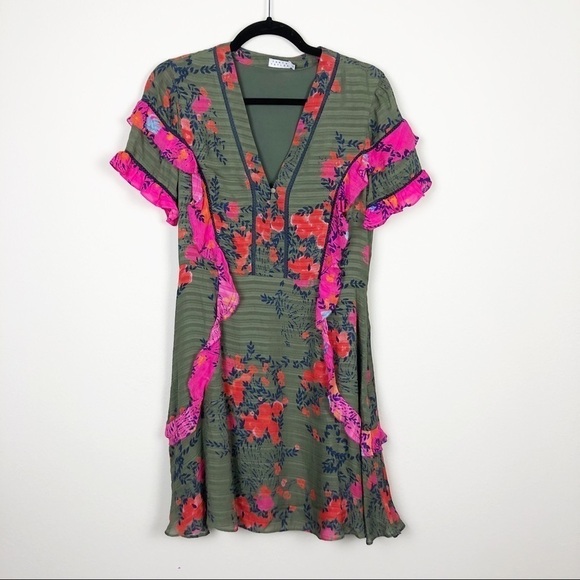 Tanya Taylor Rhett Floral Silk Mini Dress Green Size 4 Casual Cocktail v neck - Picture 3 of 8